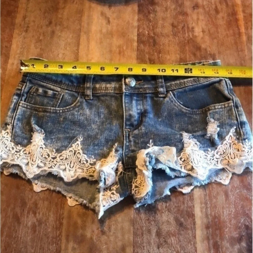 Almost Famous Distressed Lace Blue Jean Shorts